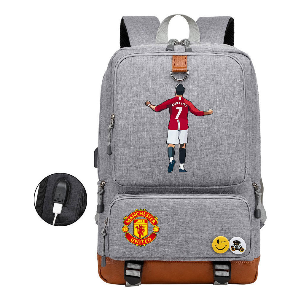 Football Star Cristiano Ronaldo Printed Usb Youth Student Backpack For Leisure Travel Backpack