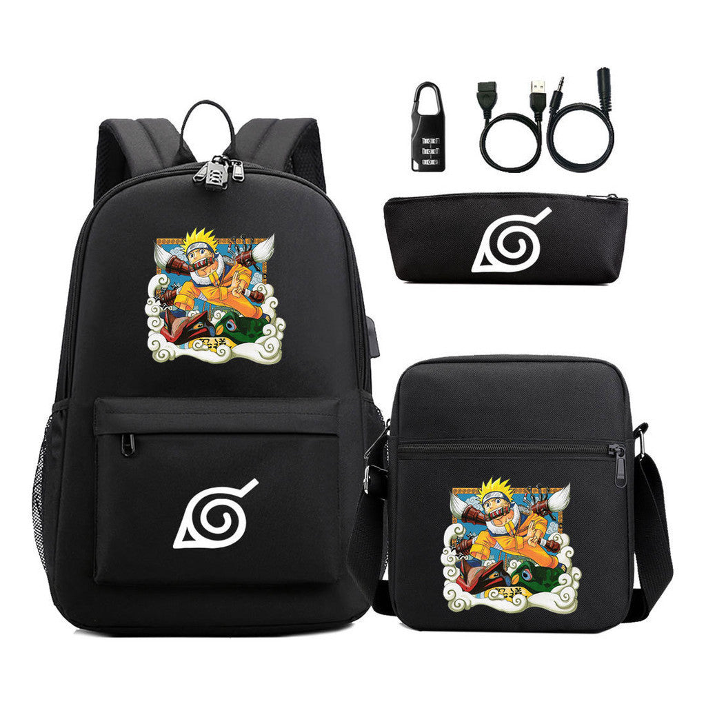 Naruto Usb Password Lock Youth Student Backpack Three Piece Set For Men And Women Backpack Set