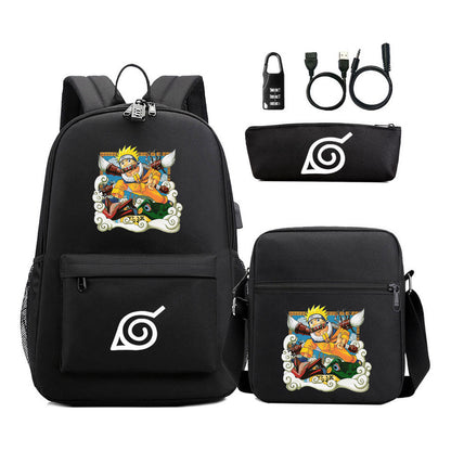 Naruto Usb Password Lock Youth Student Backpack Three Piece Set For Men And Women Backpack Set