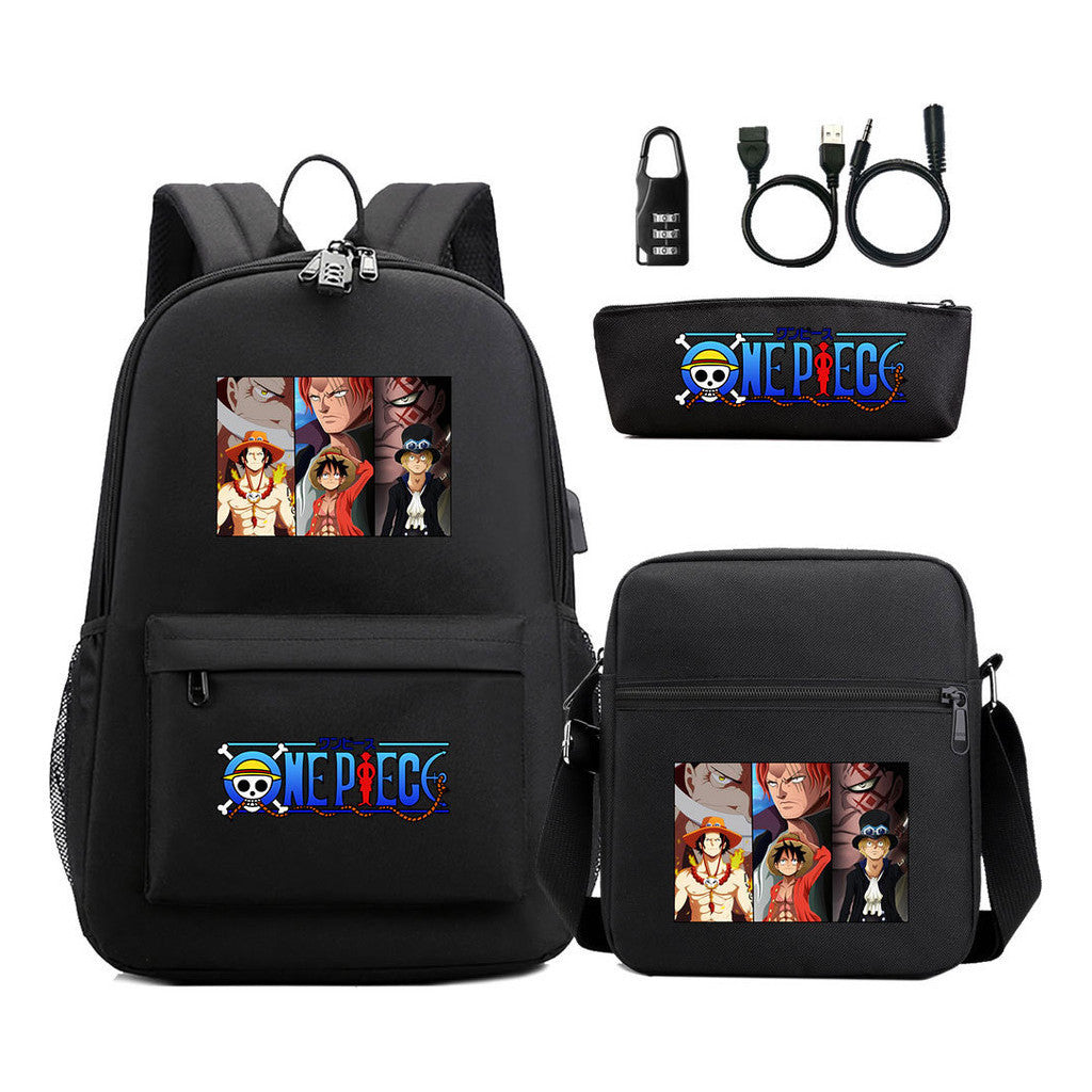 Cartoon Pirate King Usb Password Lock Youth Student Backpack Three Piece Set Backpack