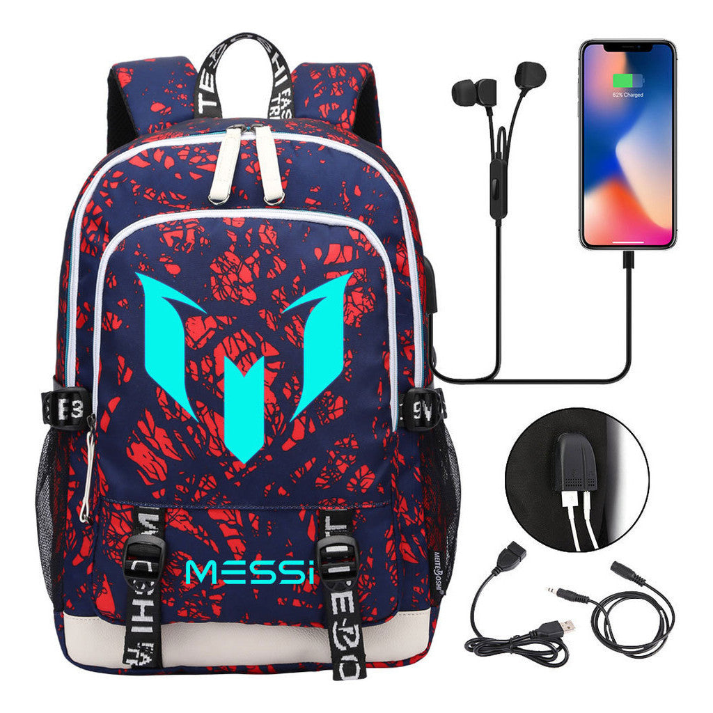 Blue Luminous Sports Football Star Teenagers Schoolbag Usb Leisure Backpack Men And Women