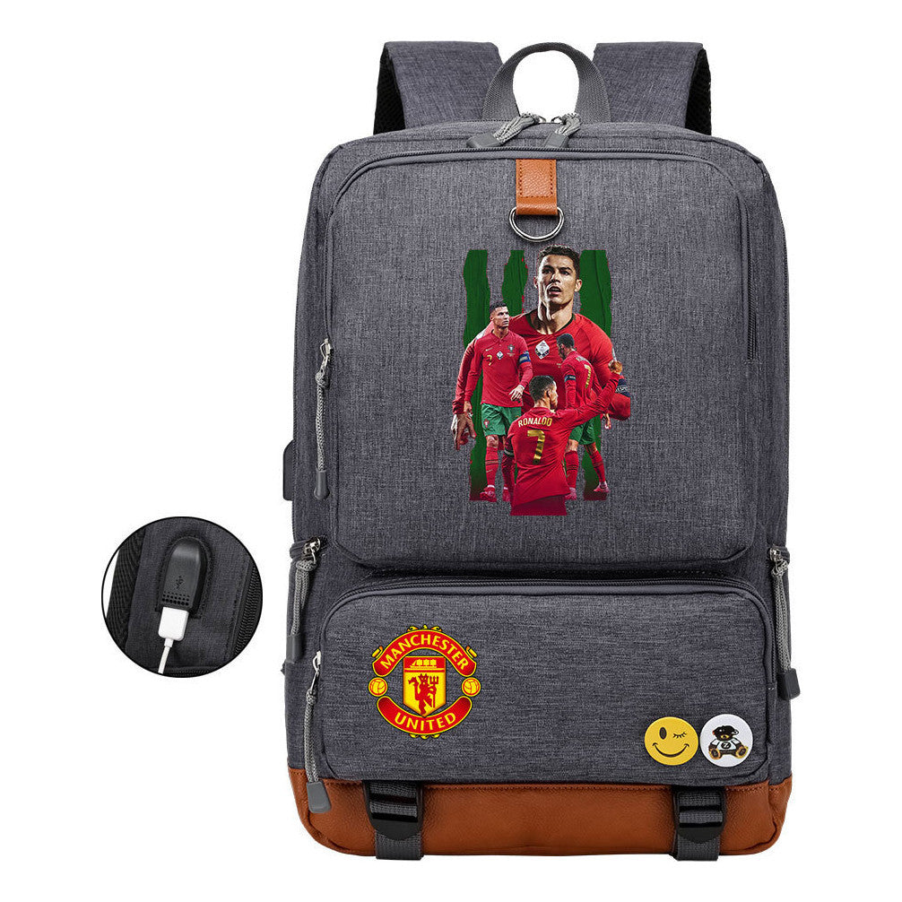 Football Star Cristiano Ronaldo Printed Usb Student Backpack For Leisure Travel Backpack