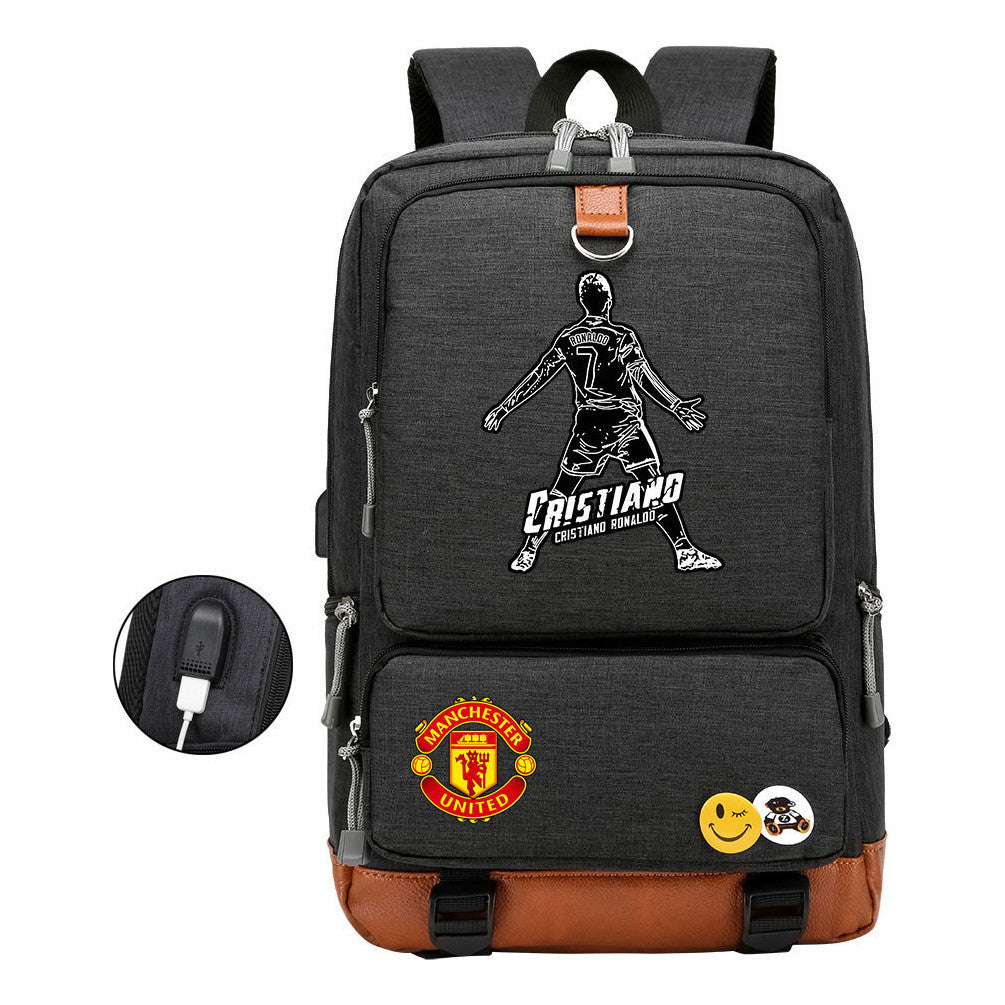 Football Star Cristiano Ronaldo Printed Usb Youth Backpack For Leisure Travel Backpack