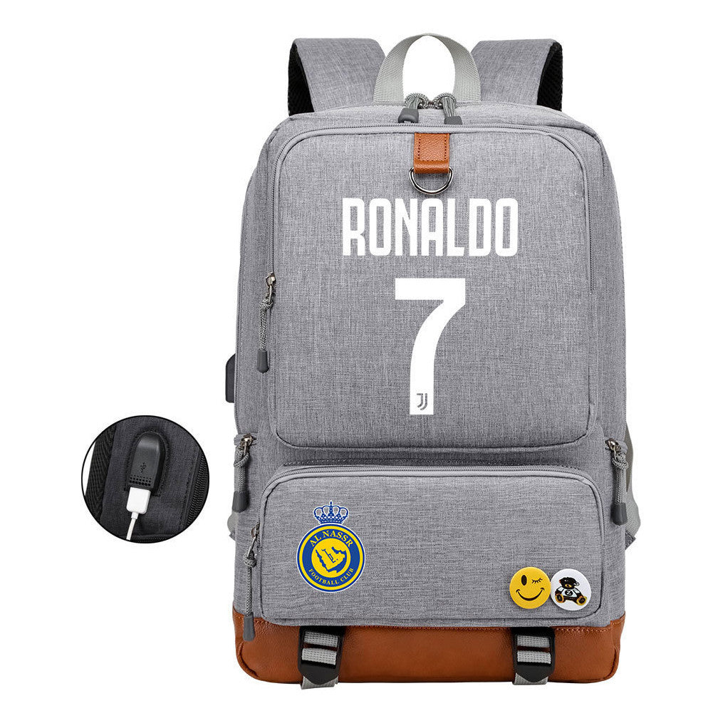 Football Star Cristiano Ronaldo Printed Usb Student Backpack Leisure Travel Backpack
