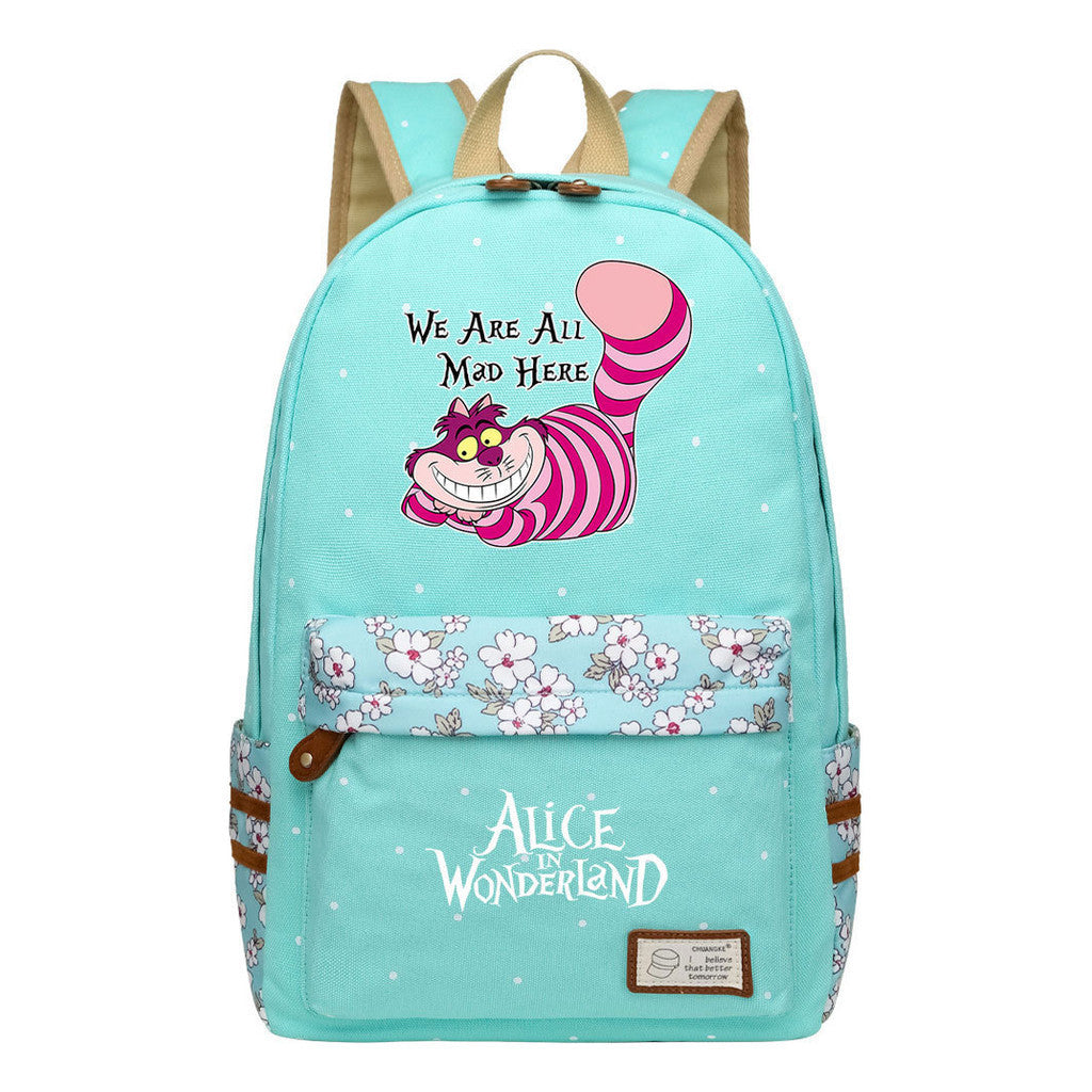 Anime Cartoon Cheshire Cat Print Student Backpack, Floral Casual Backpack