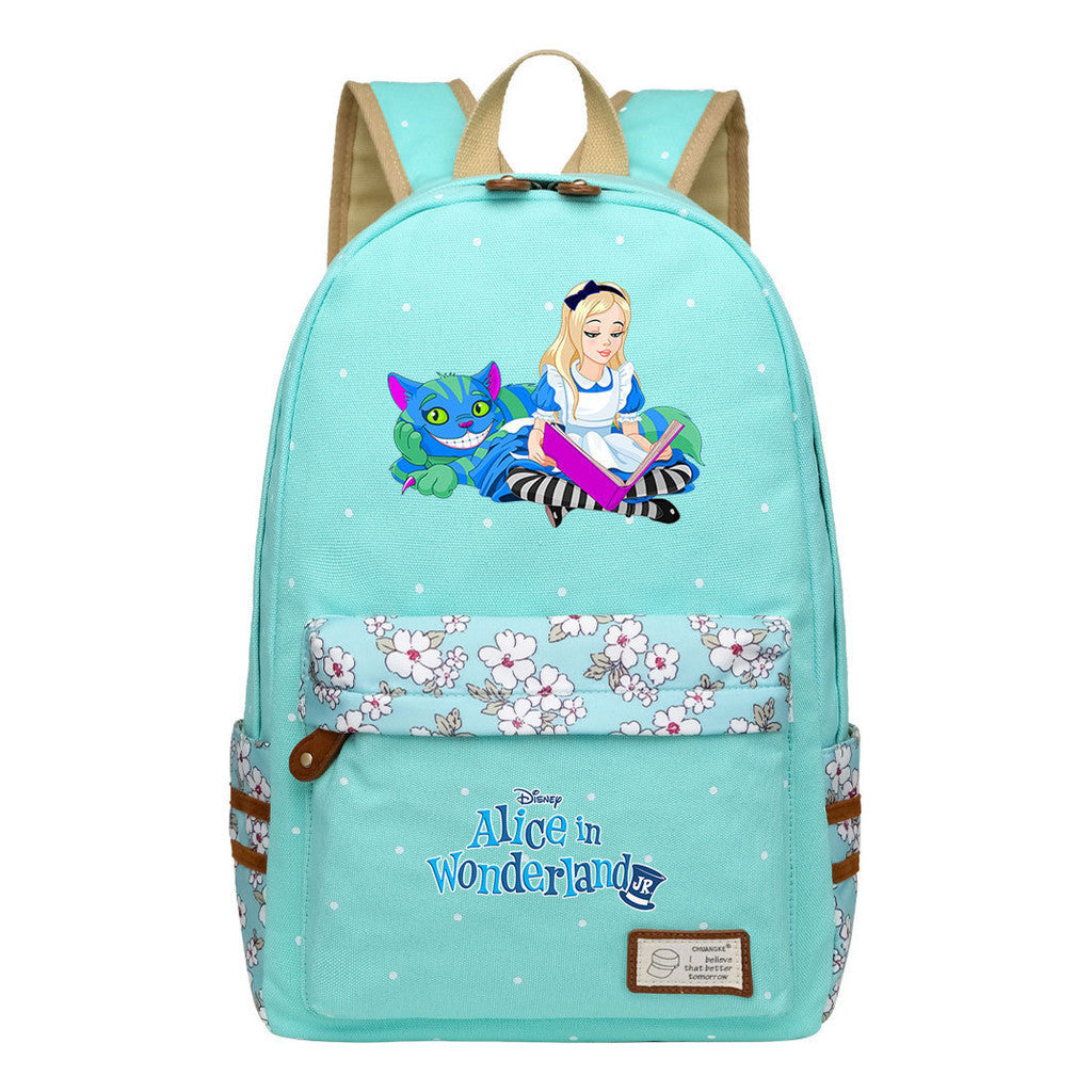 Anime Cartoon Cheshire Cat Print Youth Student Backpack With Floral Casual Backpack