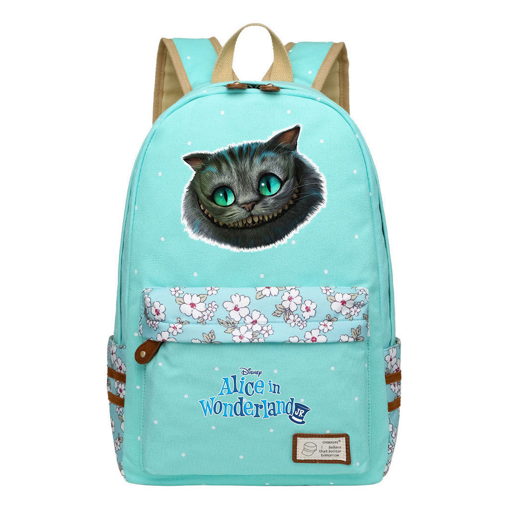 Anime Cartoon Cheshire Cat Print Youth Student Backpack With Floral Casual Backpack