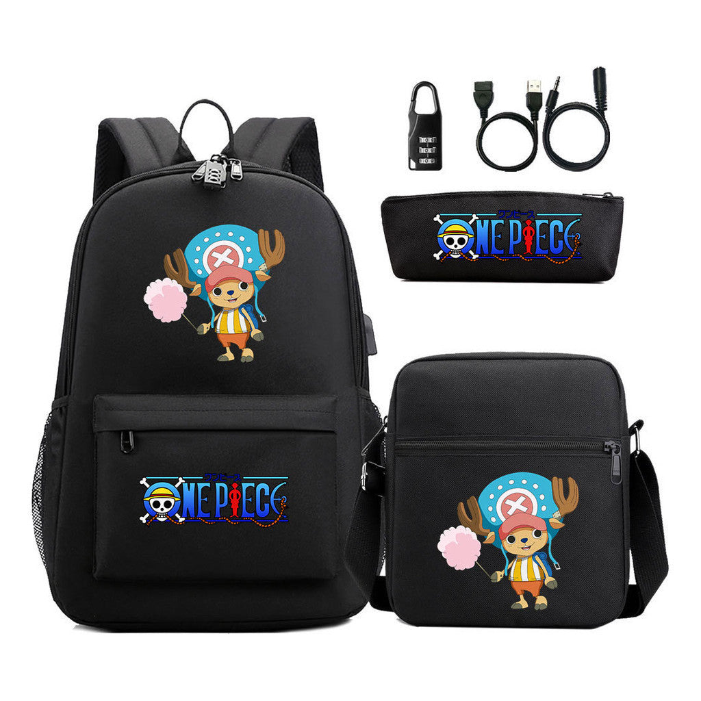 Cartoon Pirate King Usb Password Lock Youth Student Backpack Three Piece Set Backpack