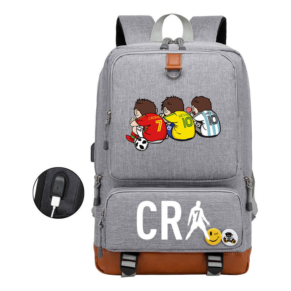Football Star Cristiano Ronaldo Printed Usb Student Backpack For Leisure Travel Backpack