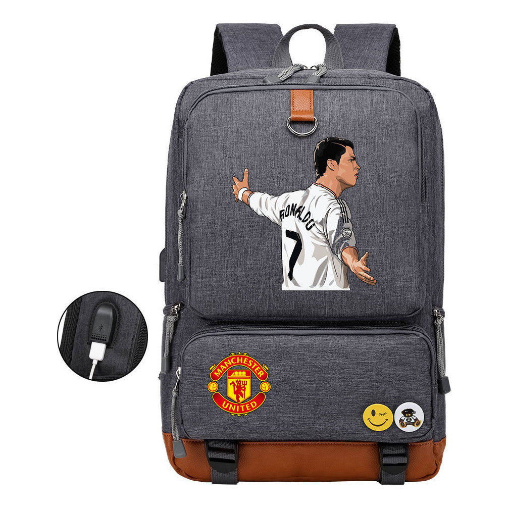 Football Star Cristiano Ronaldo Printed Usb Youth Backpack For Leisure Travel Backpack