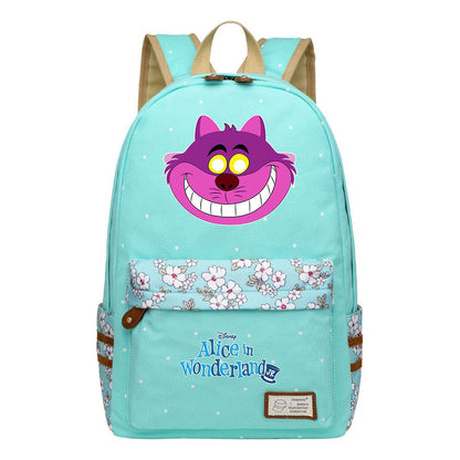 Anime Cartoon Cheshire Cat Print Youth Student Backpack With Floral Casual Backpack