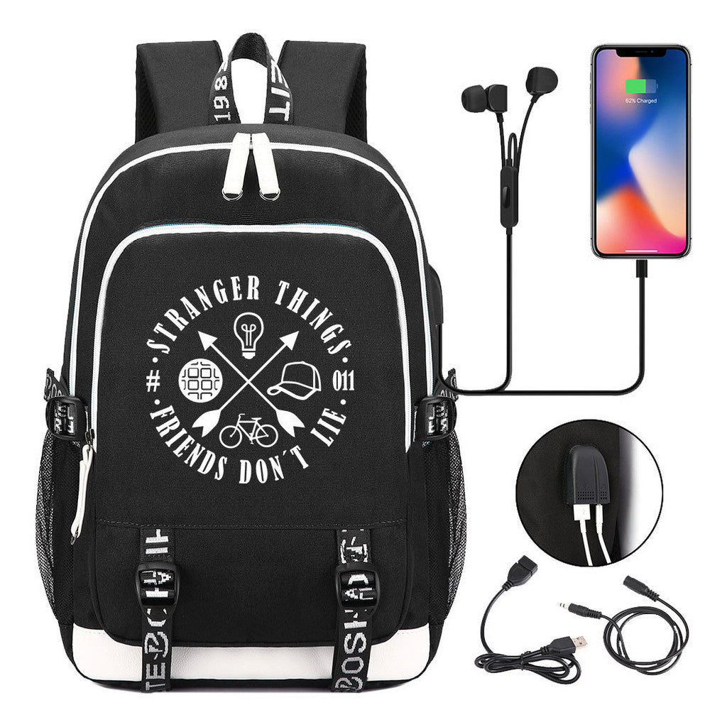 Strange Story Printed Usb Youth Student Backpack For Leisure Travel Backpack