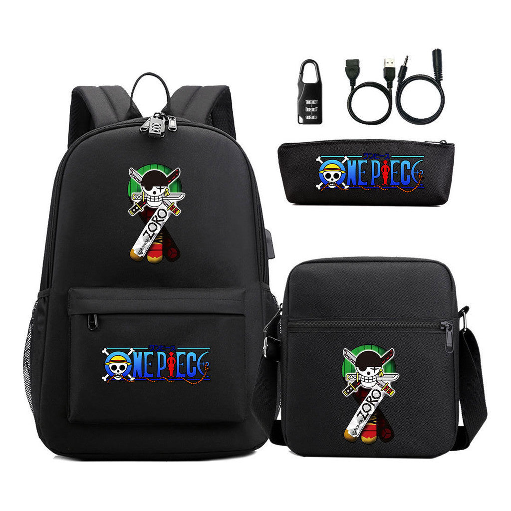 Cartoon Pirate King Usb Password Lock Youth Student Backpack Three Piece Set Backpack