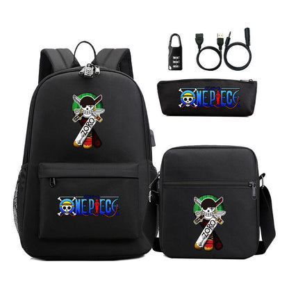 Cartoon Pirate King Usb Password Lock Youth Student Backpack Three Piece Set Backpack