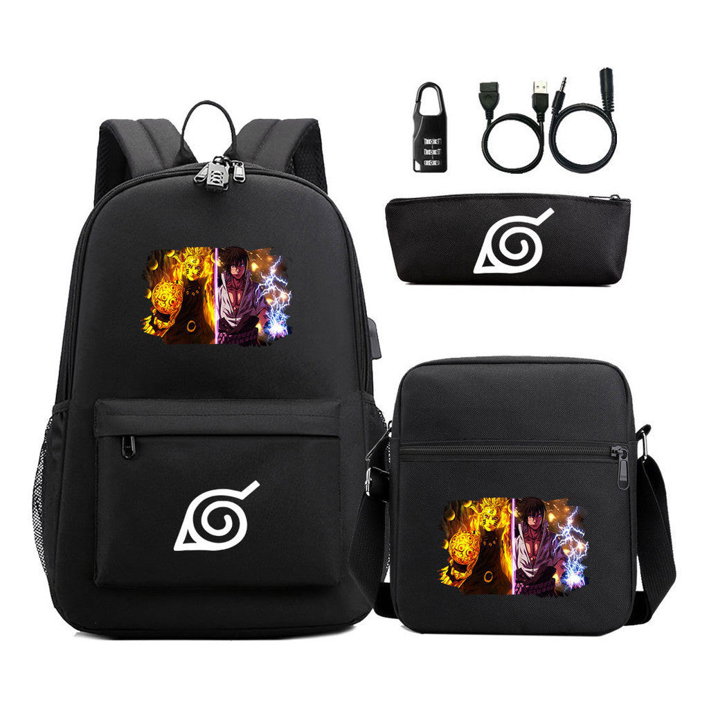 Naruto Usb Password Lock Backpack Three Piece Set For Men And Women Backpack Set