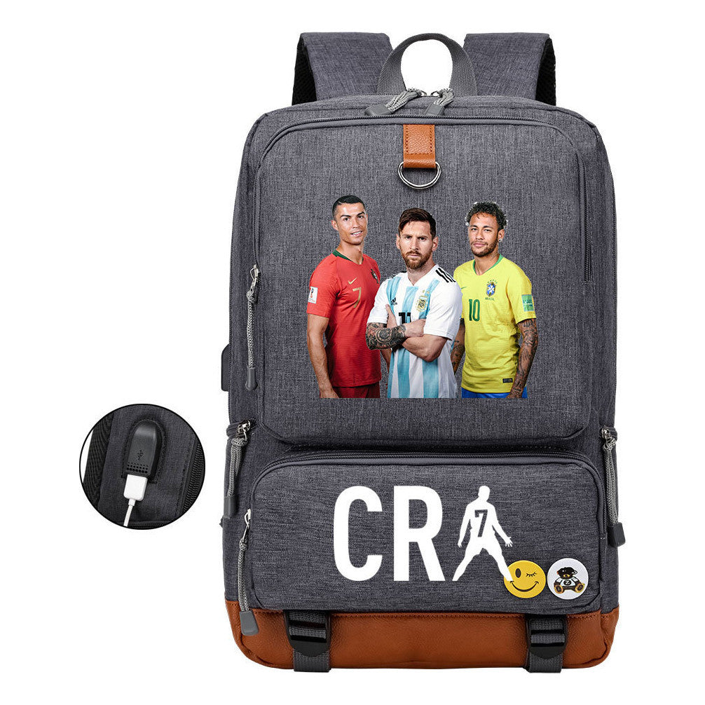 Football Star Cristiano Ronaldo Printed Usb Student Backpack For Leisure Travel Backpack
