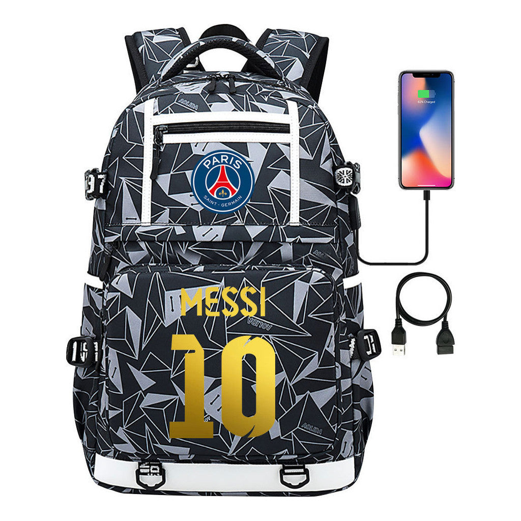 Gold Sports Football Star Printed Usb Youth School Bag Backpack Leisure Travel Backpack