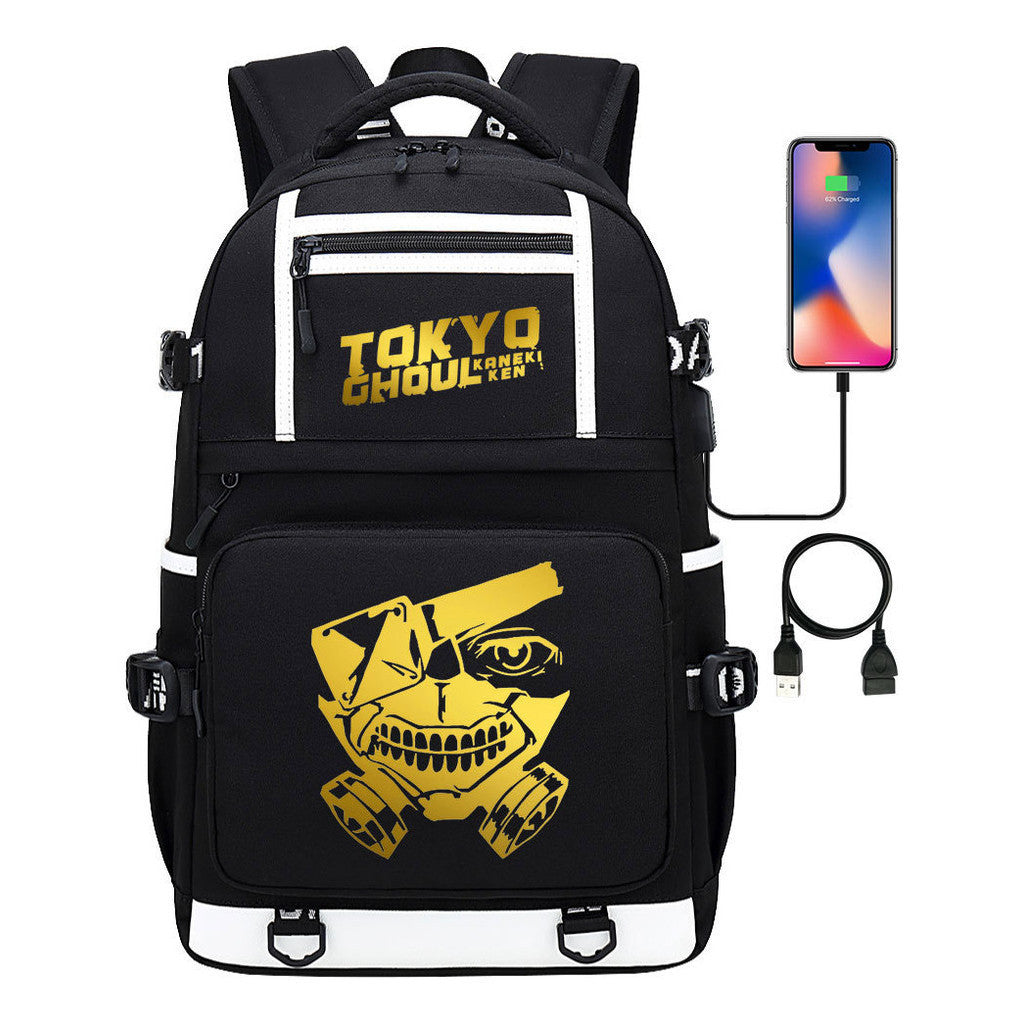 Golden Anime Tokyo Ghoul Print Usb Youth Student Backpack For Men And Women Leisure Travel Backpack