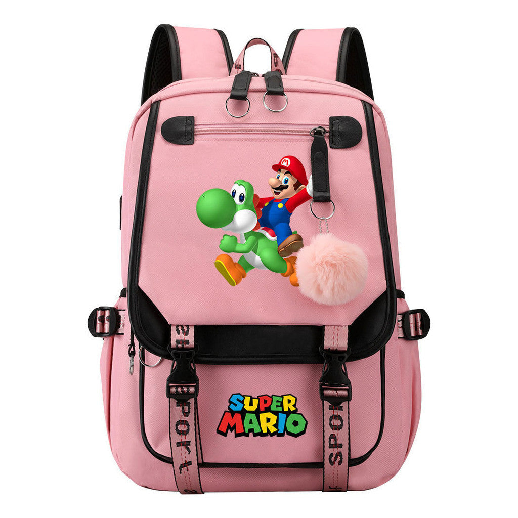 Super Mario Printed Usb Youth Student Backpack For Men And Women With Casual Woven Strap Flap Backpack