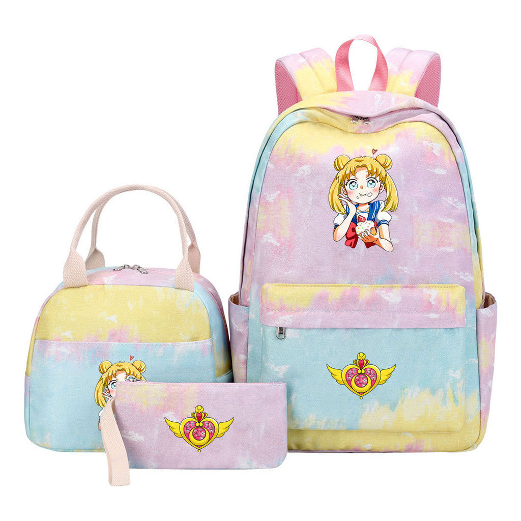 Anime Beauty Girl Warrior Student Girls School Bag Lunch Bag Three Piece Set Backpack Set