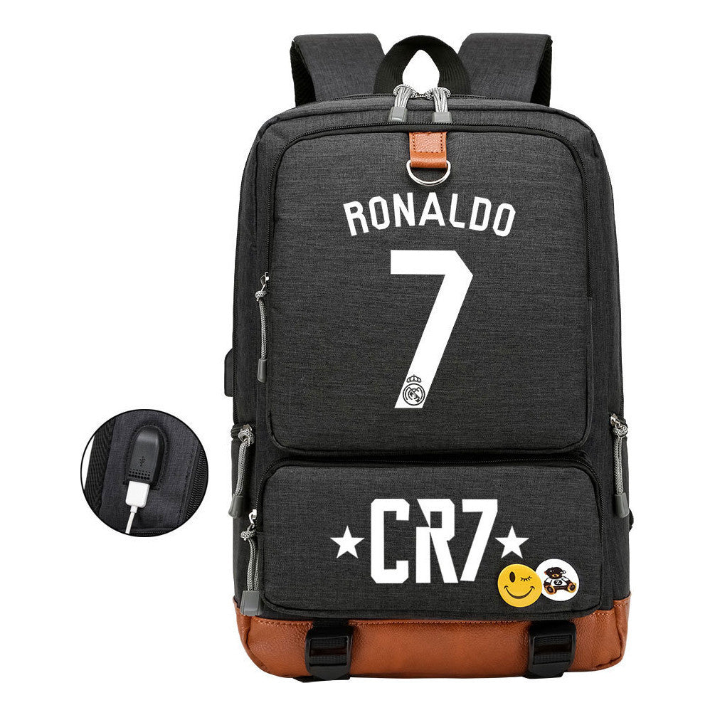 Football Star Cristiano Ronaldo Printed Usb Student Backpack For Boys And Girls Leisure Travel Backpack