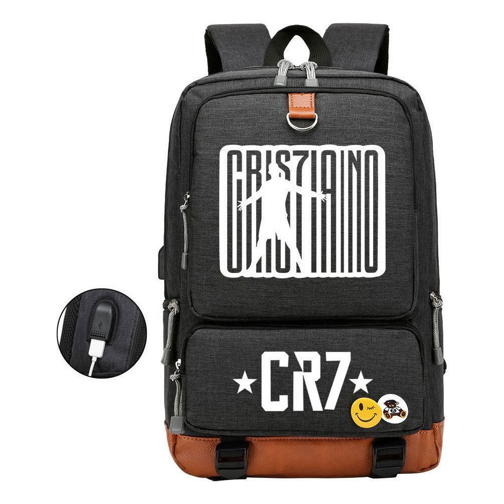 Football Star Cristiano Ronaldo Printed Usb Student Backpack For Boys And Girls Leisure Travel Backpack