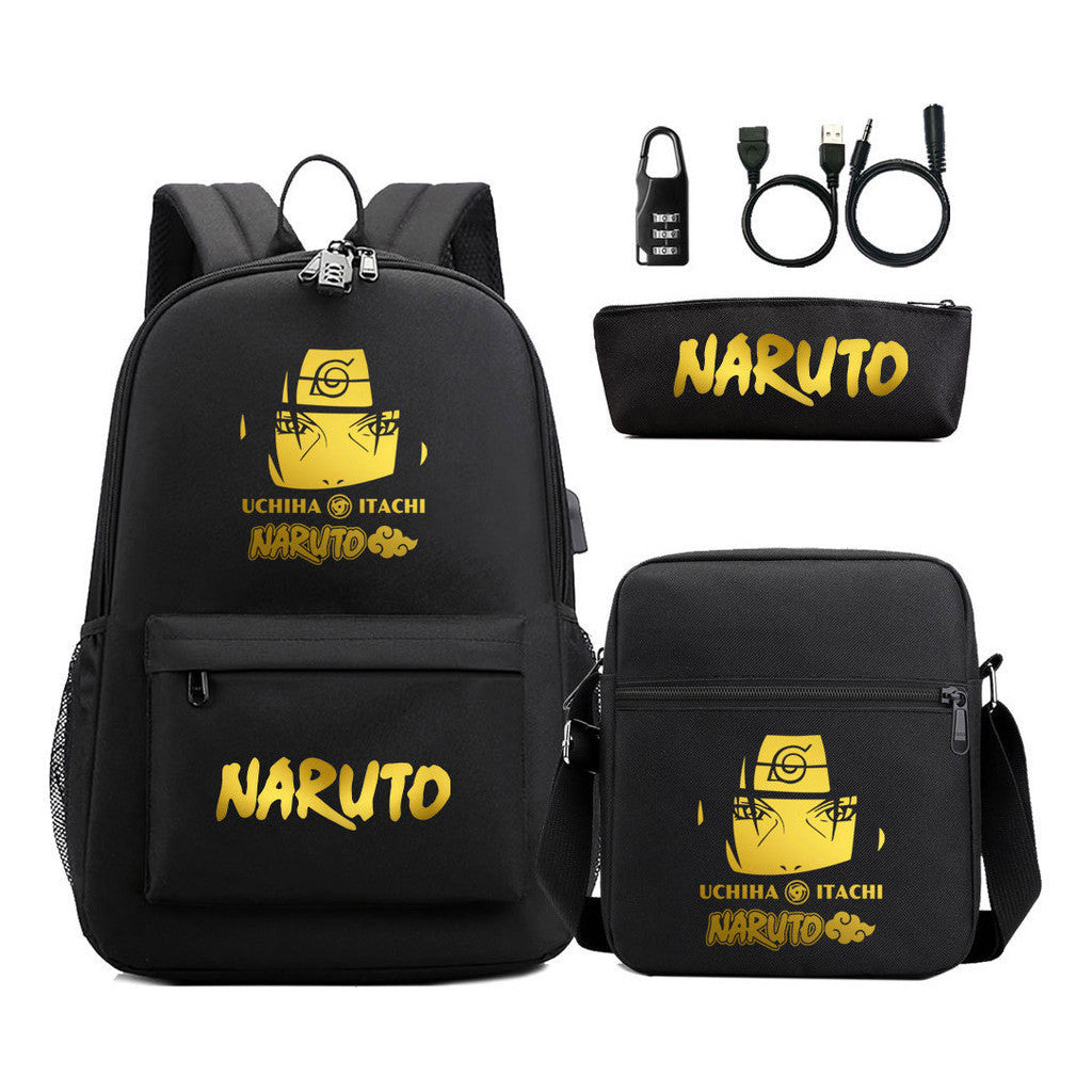 Golden Naruto Usb Password Lock Teenage Student School Bag Three Piece Backpack Set