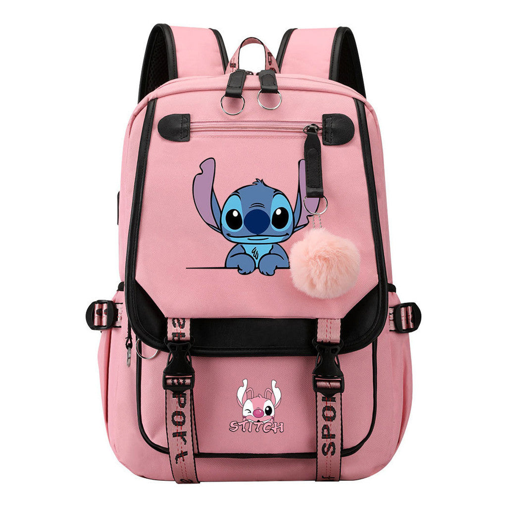 Interstellar Baby Stitch Usb Student Backpack For Boys And Girls, Casual Woven Strap Flip Back Backpack