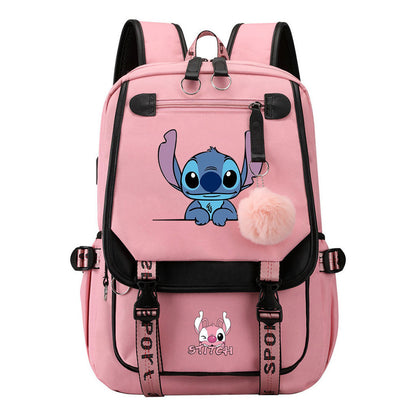 Interstellar Baby Stitch Usb Student Backpack For Boys And Girls, Casual Woven Strap Flip Back Backpack