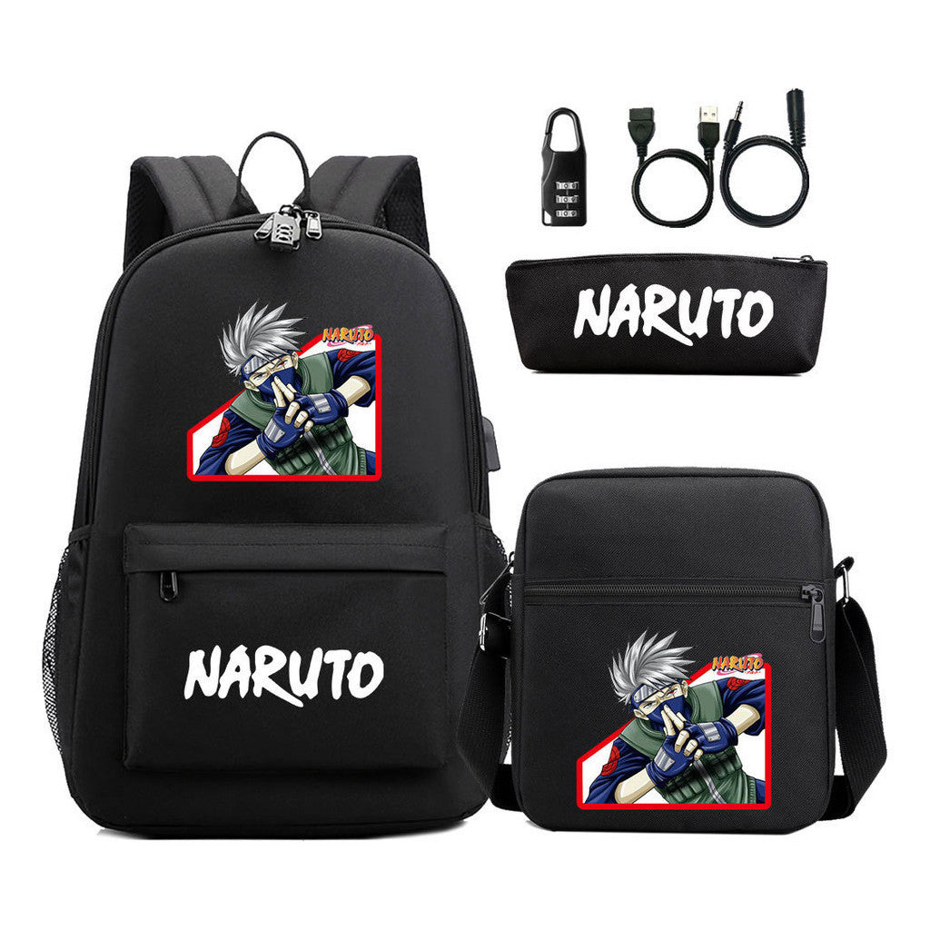 Naruto Usb Password Lock Youth Student Backpack Three Piece Set For Men And Women Backpack Set