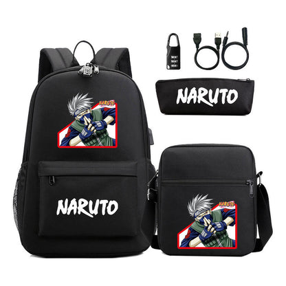 Naruto Usb Password Lock Youth Student Backpack Three Piece Set For Men And Women Backpack Set