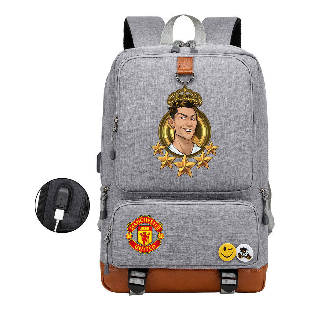 Football Star Cristiano Ronaldo Printed Usb Youth Backpack For Leisure Travel Backpack