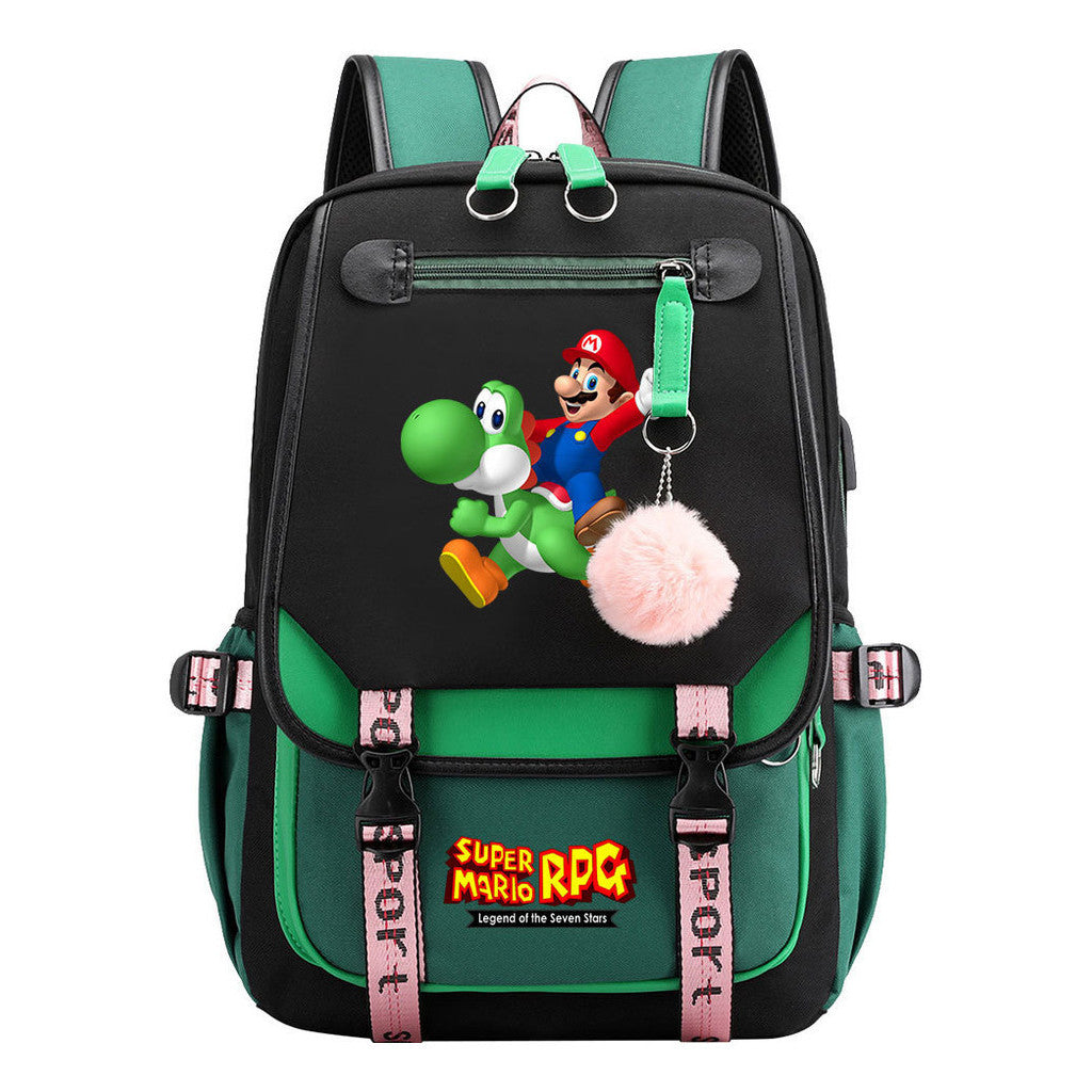 Super Mario Printed Usb Youth Student Backpack For Men And Women With Casual Woven Strap Flap Backpack