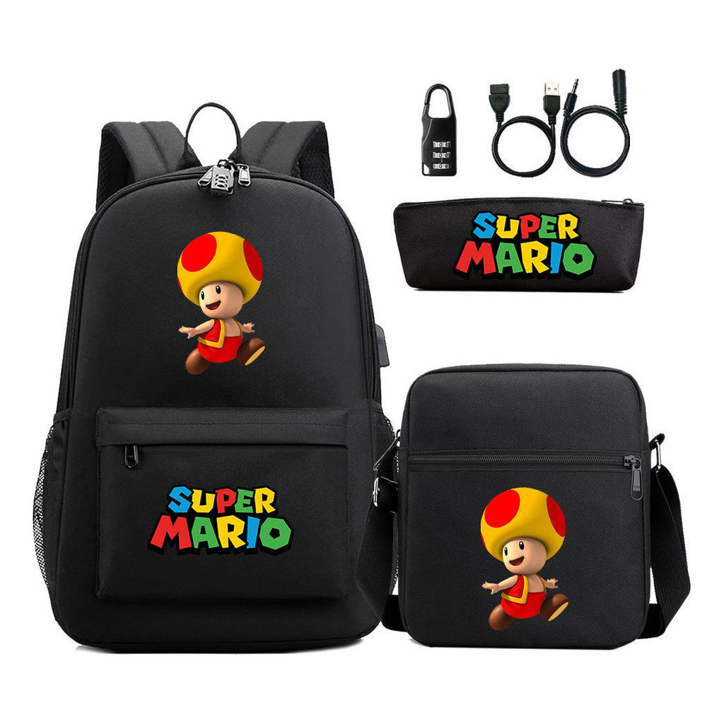 Super Mario Usb Password Lock Youth Student Backpack 3-piece Set For Men And Women Backpacks