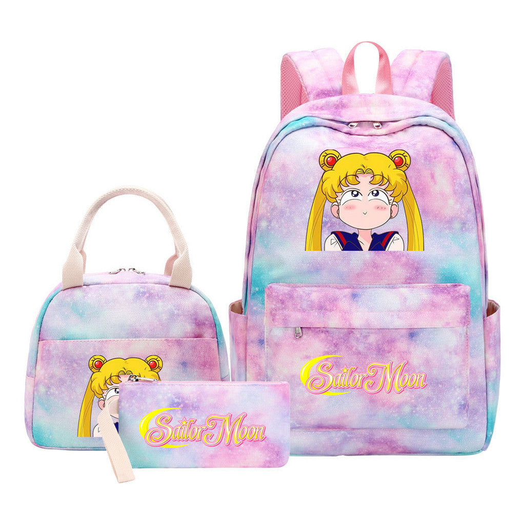 Anime Beauty Girl Warrior Youth Student Girl Schoolbag Lunch Bag Three Piece Set Backpack Set