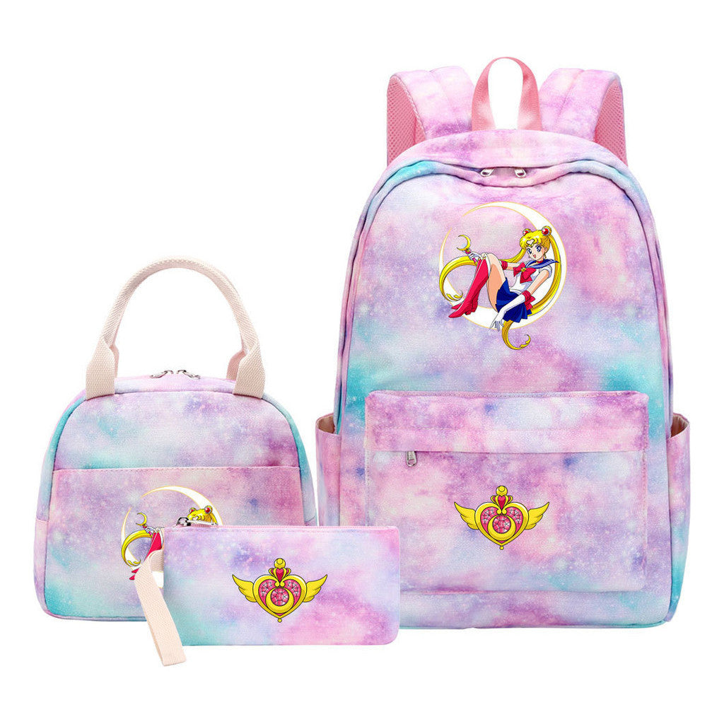 Anime Beauty Girl Warrior Girls School Bag Lunch Bag Three Piece Set Backpack Set