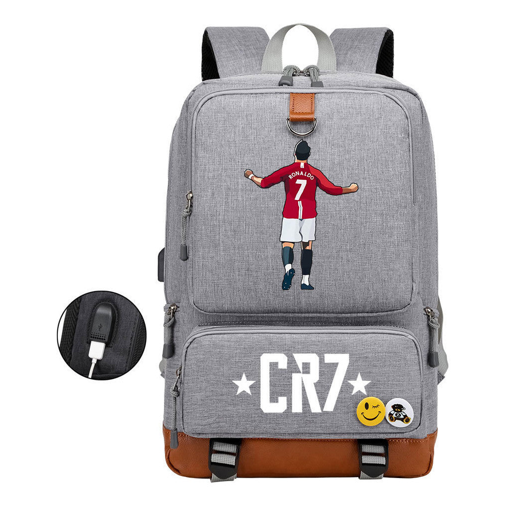 Football Star Cristiano Ronaldo Printed Usb Youth Primary And Secondary School Backpack For Boys And Girls Leisure Travel Backpack