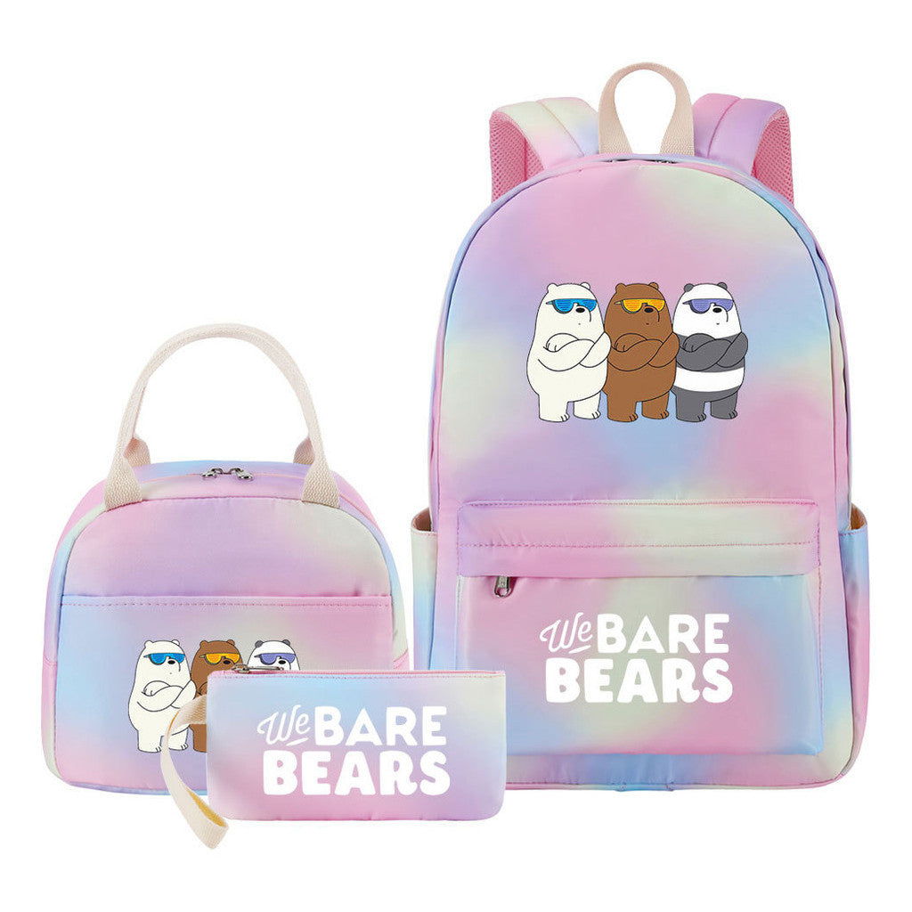 Cartoon Cute Three Bears Youth Student Girls School Bag Lunch Bag Three Piece Set Backpack Set