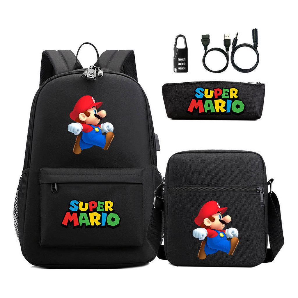 Super Mario Usb Password Lock Youth Student Backpack 3-piece Set For Men And Women Backpacks