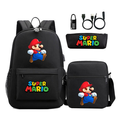 Super Mario Usb Password Lock Youth Student Backpack 3-piece Set For Men And Women Backpacks