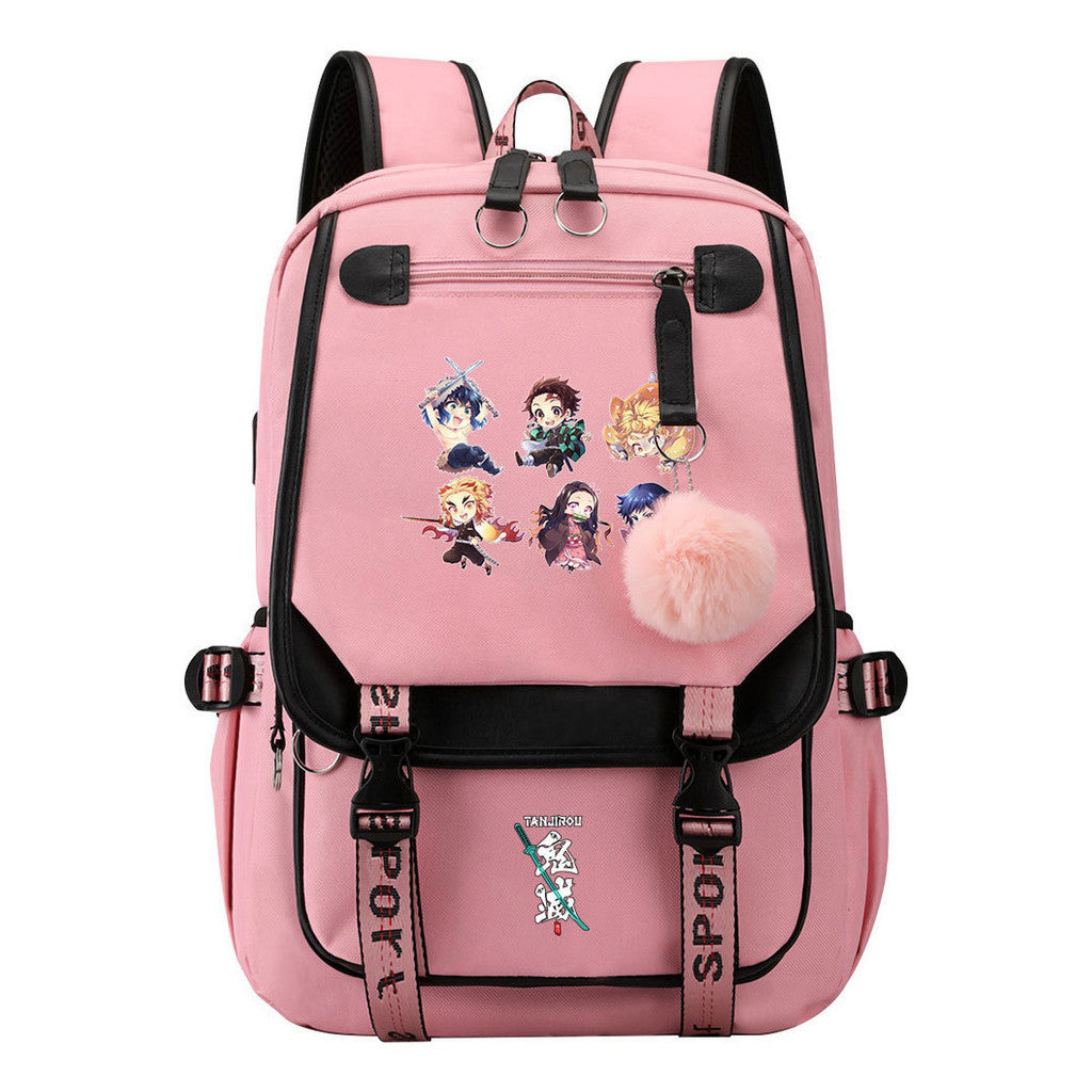 Japanese Cartoon Fashion Usb Youth Student Backpack With Casual Woven Strap Flip Back Backpack