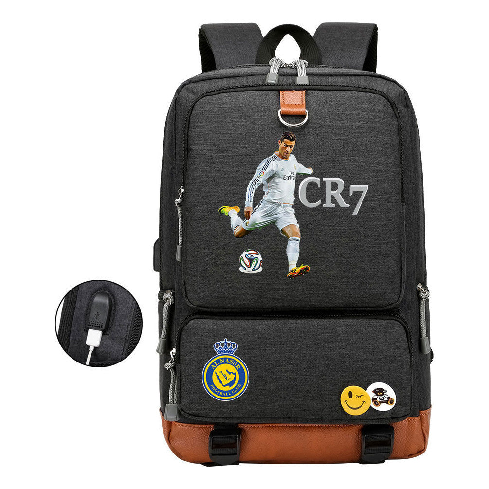 Football Star Cristiano Ronaldo Printed Usb Youth Student Backpack For Leisure Travel Backpack