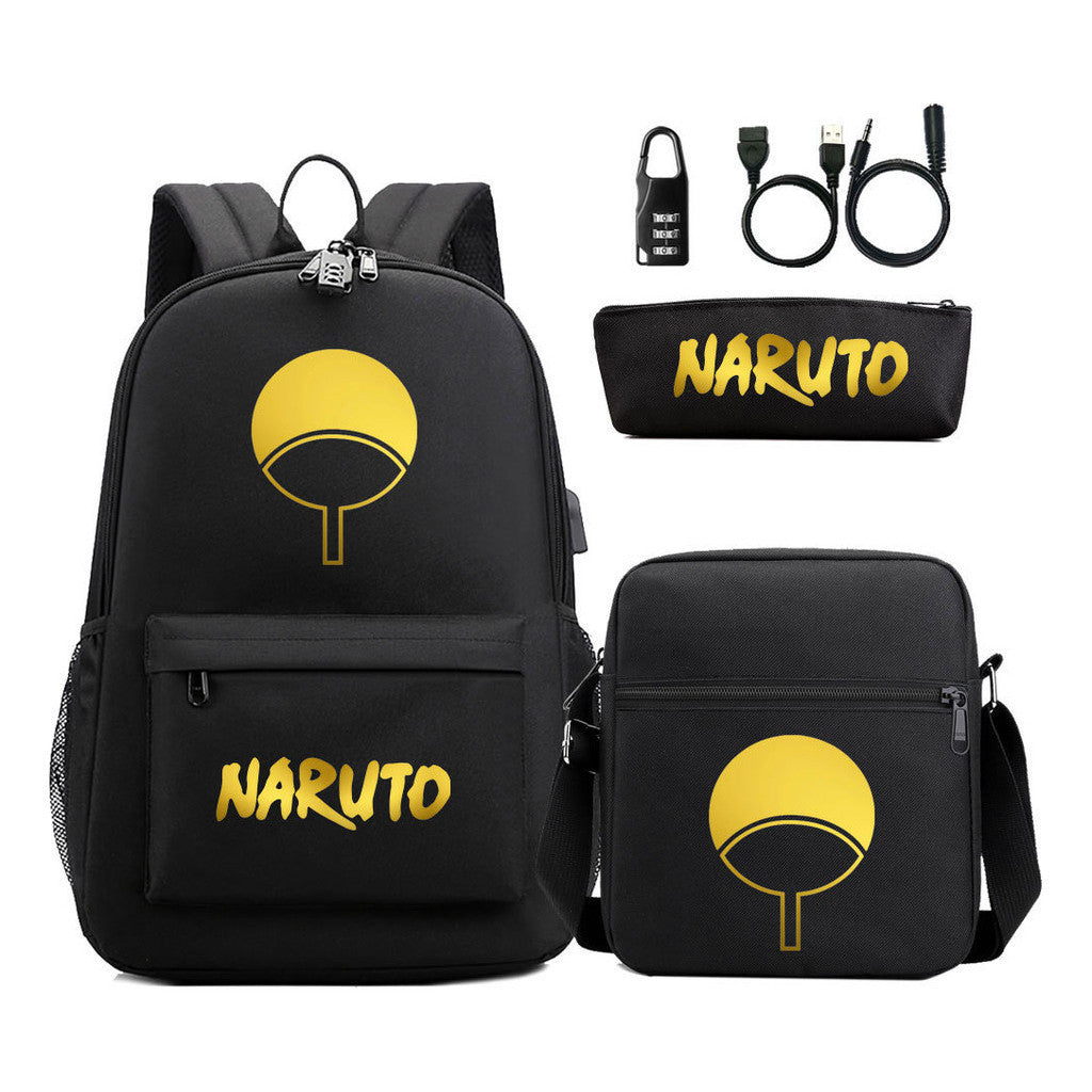 Golden Naruto Usb Password Lock Teenage Student School Bag Three Piece Backpack Set