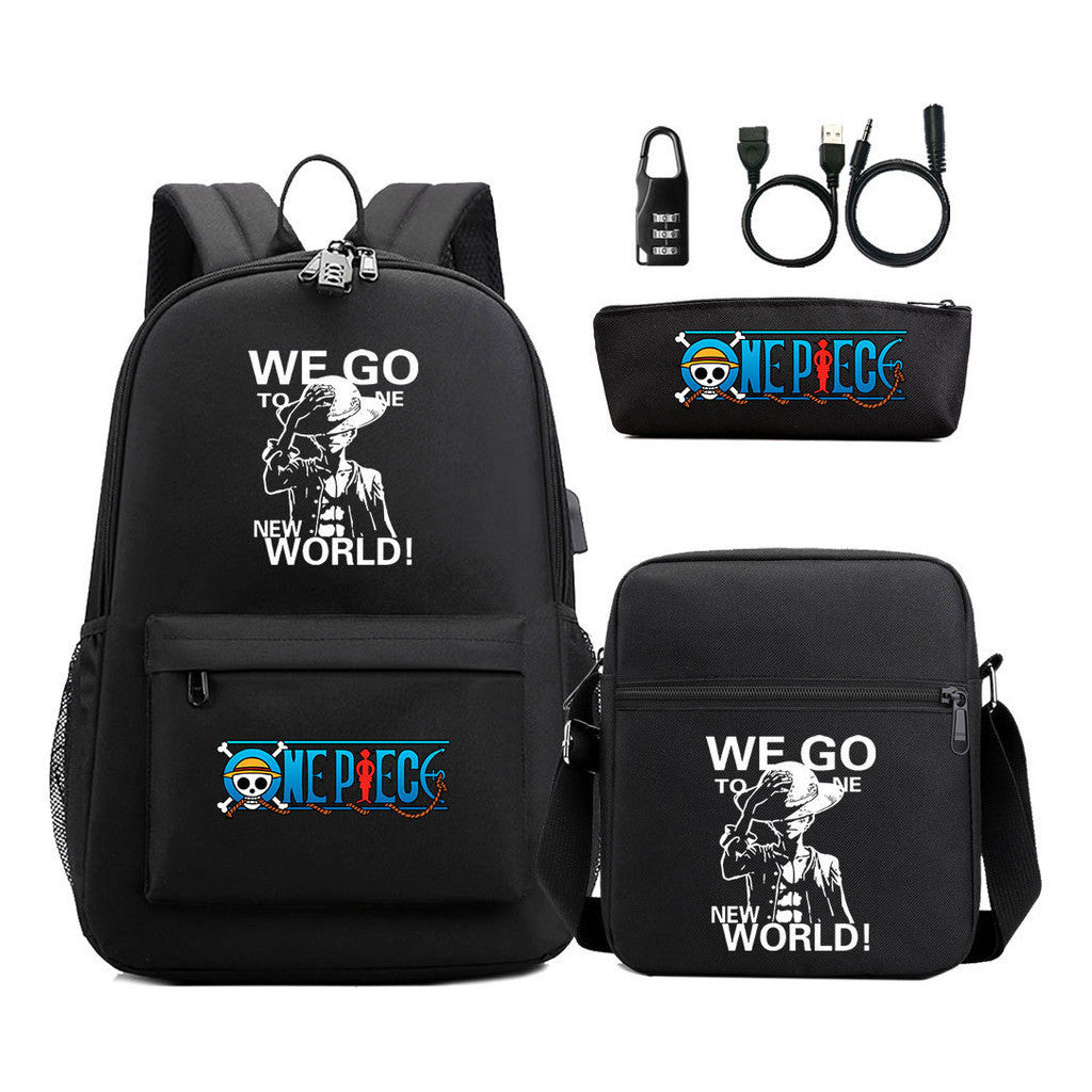 Cartoon Pirate King Usb Password Lock Youth Student School Bag Three Piece Set For Boys And Girls Backpack Set