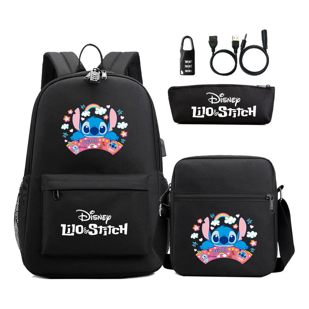 Interstellar Baby Stitch Usb Password Lock Youth Backpack 3-piece Set For Men And Women Backpacks