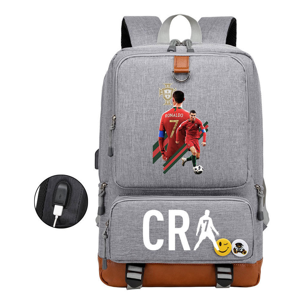 Football Star Cristiano Ronaldo Printed Usb Student Backpack For Leisure Travel Backpack