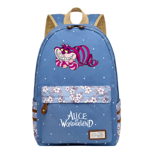 Anime Cartoon Cheshire Cat Print Student Backpack, Floral Casual Backpack