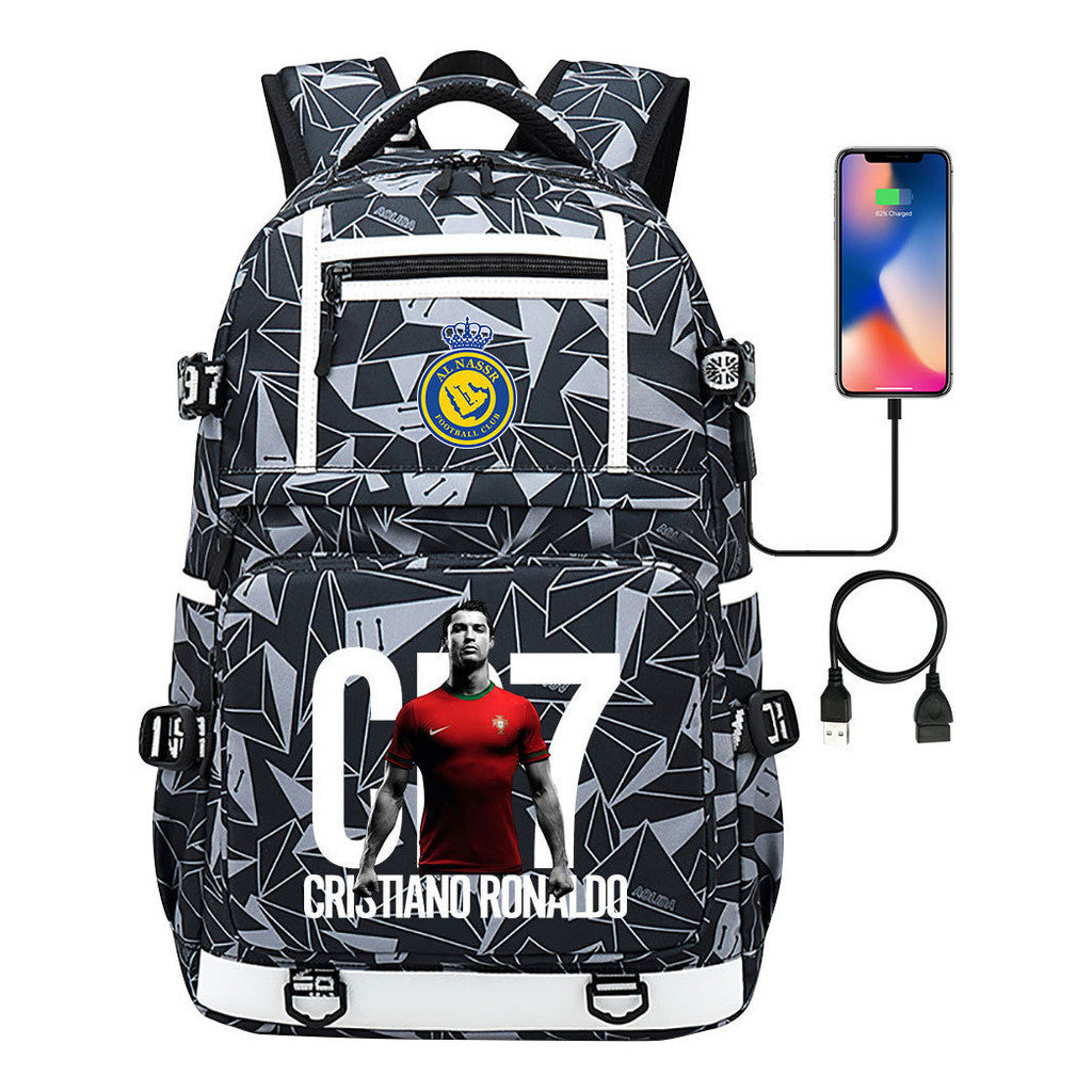 Football Star Cristiano Ronaldo Printed Usb Youth Student Backpack For Men And Women, Backpack For Leisure Travel