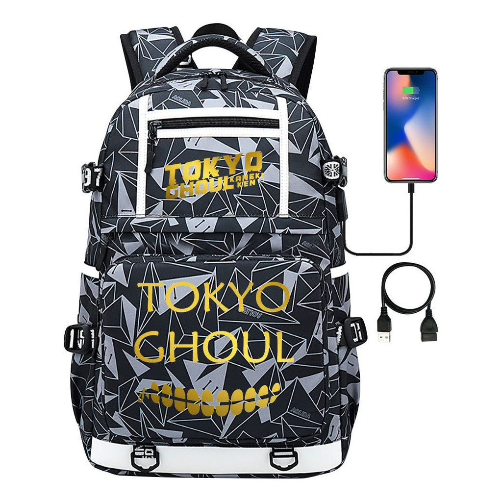 Golden Anime Tokyo Ghoul Print Usb Youth Student Backpack For Men And Women Leisure Travel Backpack