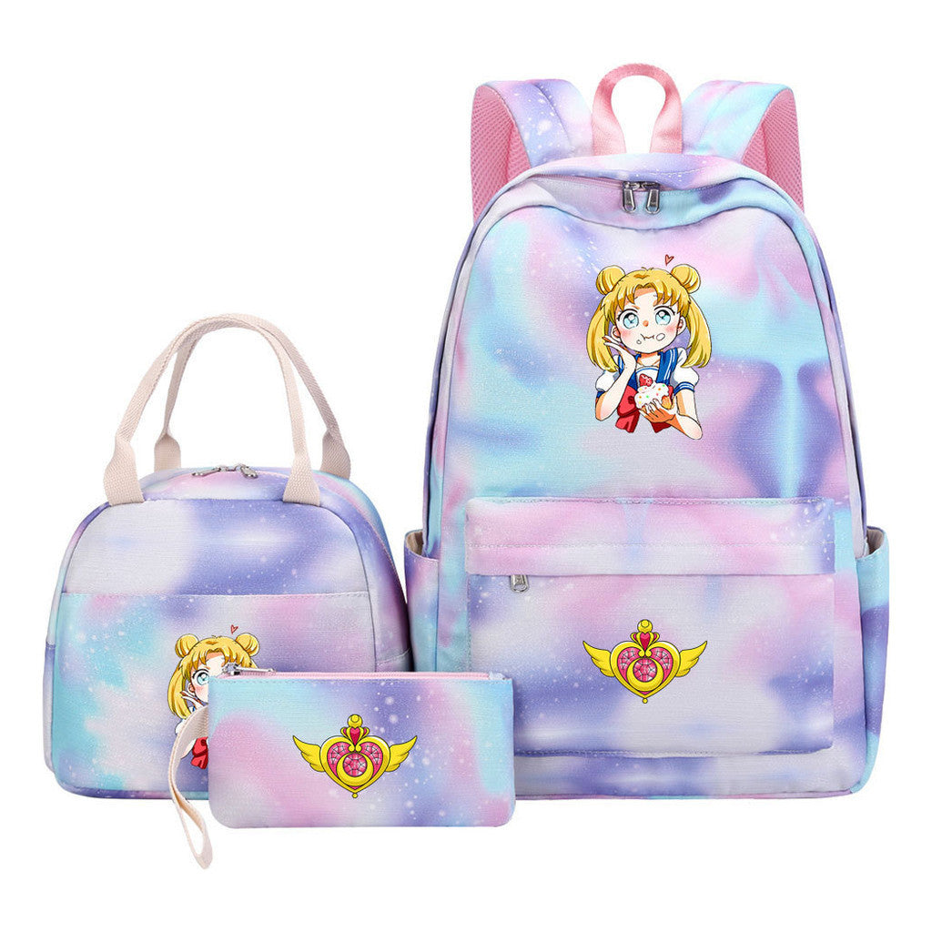 Anime Beauty Girl Warrior Student Girls School Bag Lunch Bag Three Piece Set Backpack Set